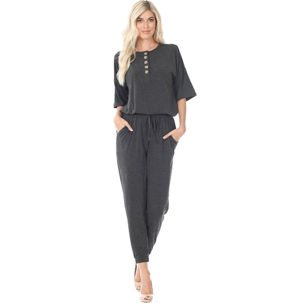 Women's Sporty Chic Casual Jumper Elastic Waistband & Top Buttons Charcoal